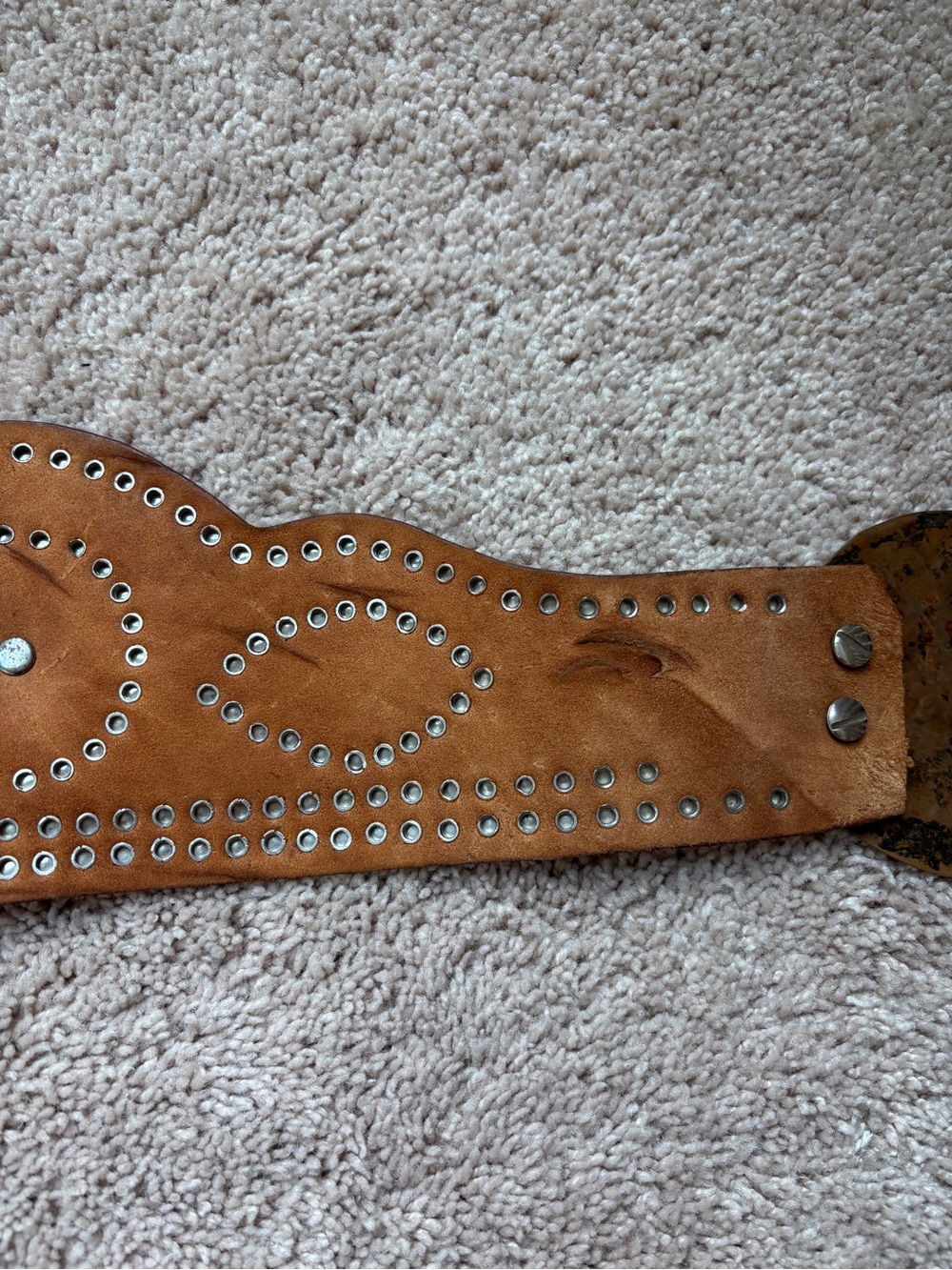 Vintage Wide Tooled Leather Scalloped Belt Oversized Buckle Boho Western Waist - Picture 11 of 16